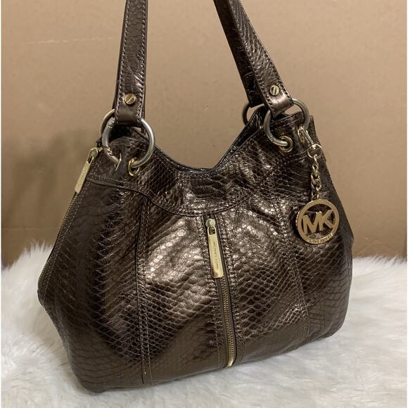 MICHAEL KORS Bronze Snakeskin Embossed Leather MOXLEY Shoulder Tote - Picture 8 of 16